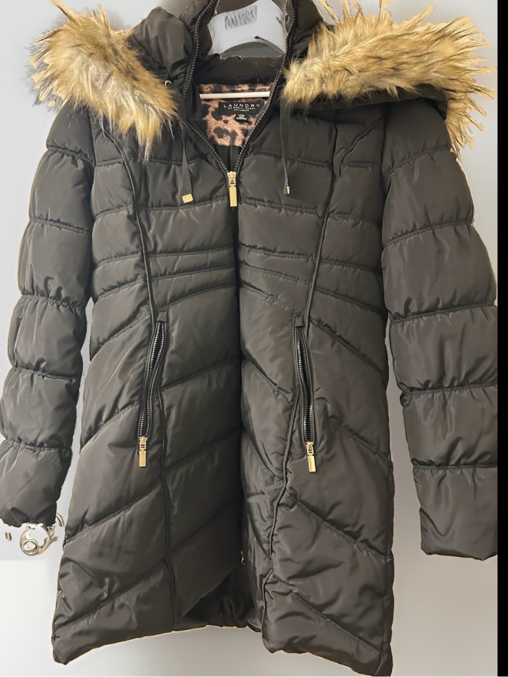 NWOT Laundry By Shelli Black Quilted Puffer Coat Faux Fur Trim Sz L Skiing
